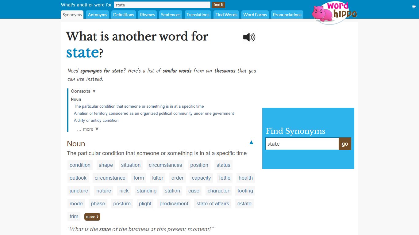 What is another word for state? | State Synonyms - WordHippo